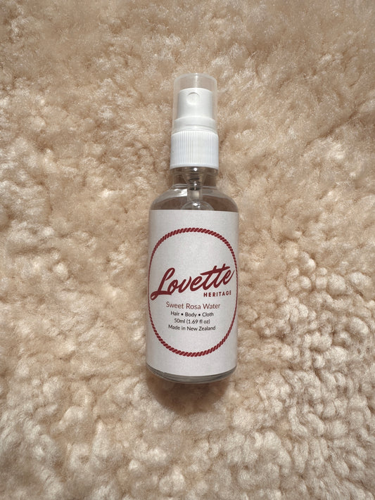 Lovette Heritage rose and neroli floral mist for hair, body, and linens.